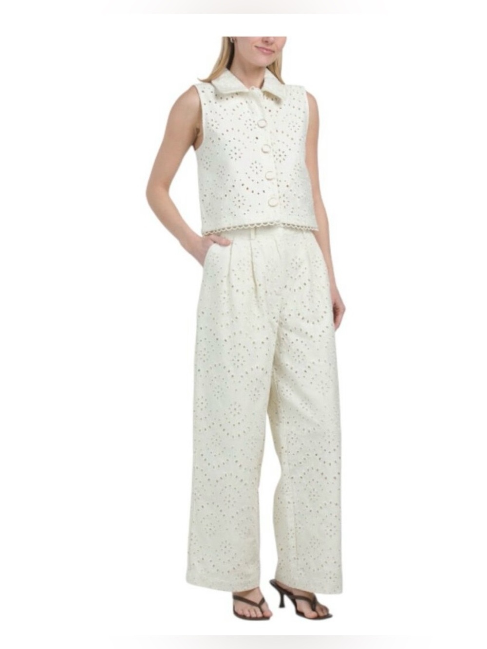 Caroline Constas|Cream Full Eyelet Wide leg trousers denim pants,NWT•••Medium